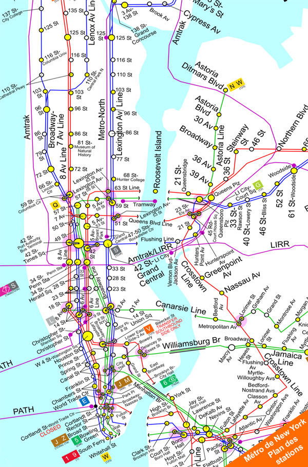 Plan des stations de métro - Manhattan - New York. Cliquez pour la version complète incluant le Bronx, Brooklyn et le Queens.