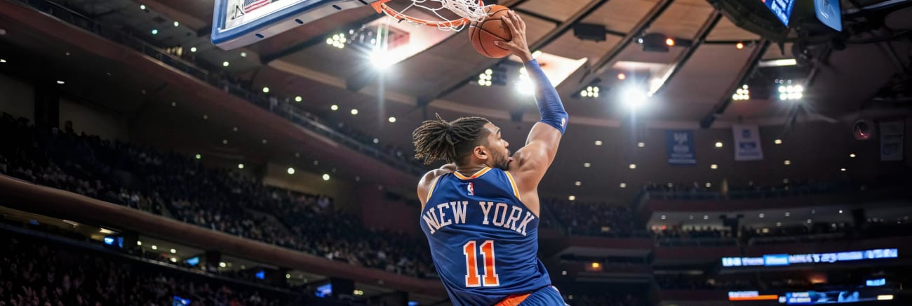 Un joueur des Knicks au dunk sous le panier du Madison Square Garden